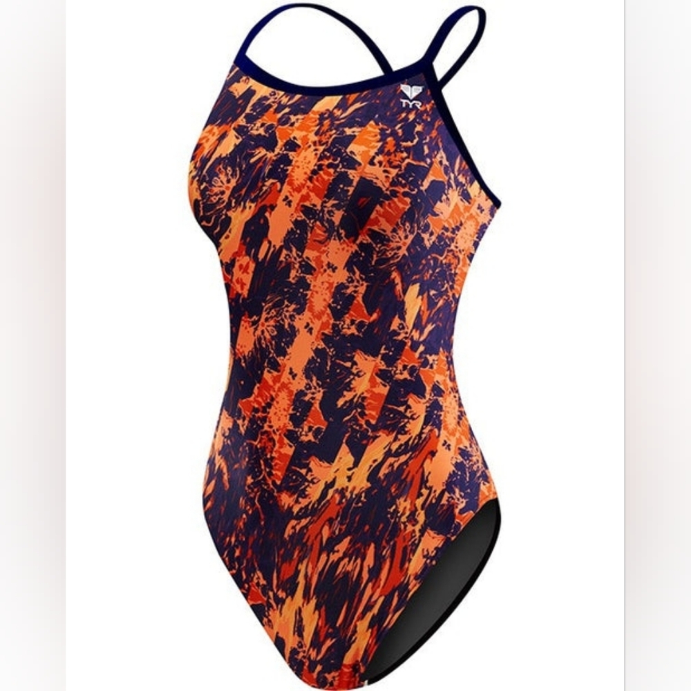 TYR Glisade Diamondfit Swimsuit Orange Navy EUC